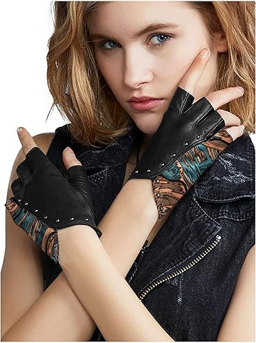 FIORETTO Guantes de cuero punk sin dedos para mujer para conducir motocicleta sin forro medio dedo piel de oveja W180416