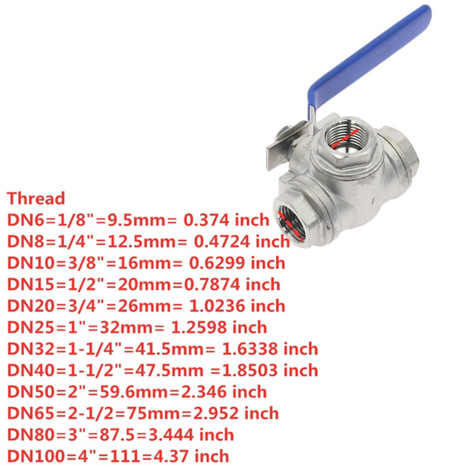 Trójdrożny zawór kulowy ze stali nierdzewnej 304 L Typ T Typ 1/10.2 cm 3/20.3 cm 1/5.1 cm 3/10.2 cm 2.5 cm DN8 DN10 DN15 DN20 DN25 BSPT Gwint żeński (DN20, Typ T)