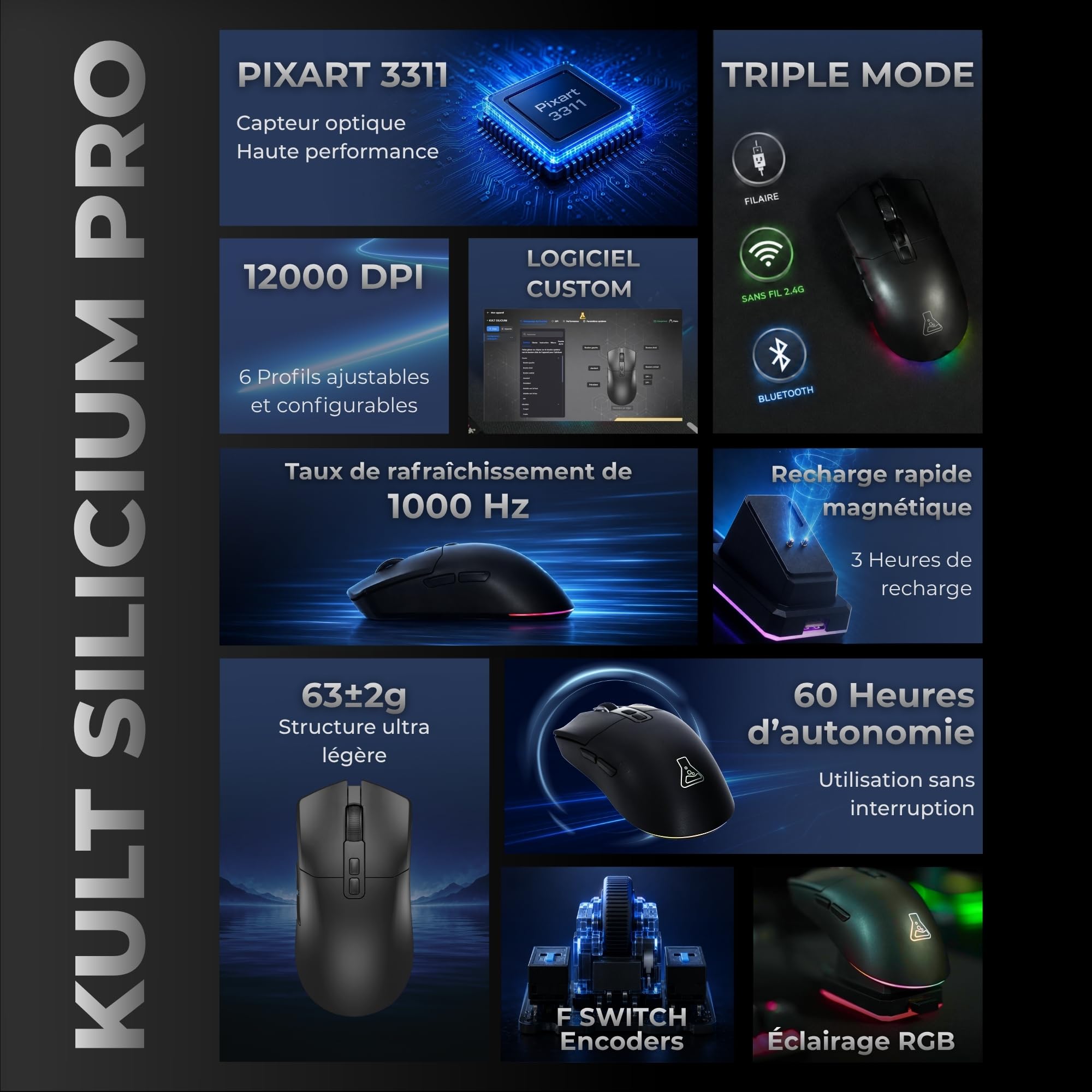 The G-Lab Kult Silicium Pro Souris Gamer sans Fil 12000 DPI Dock de Charge