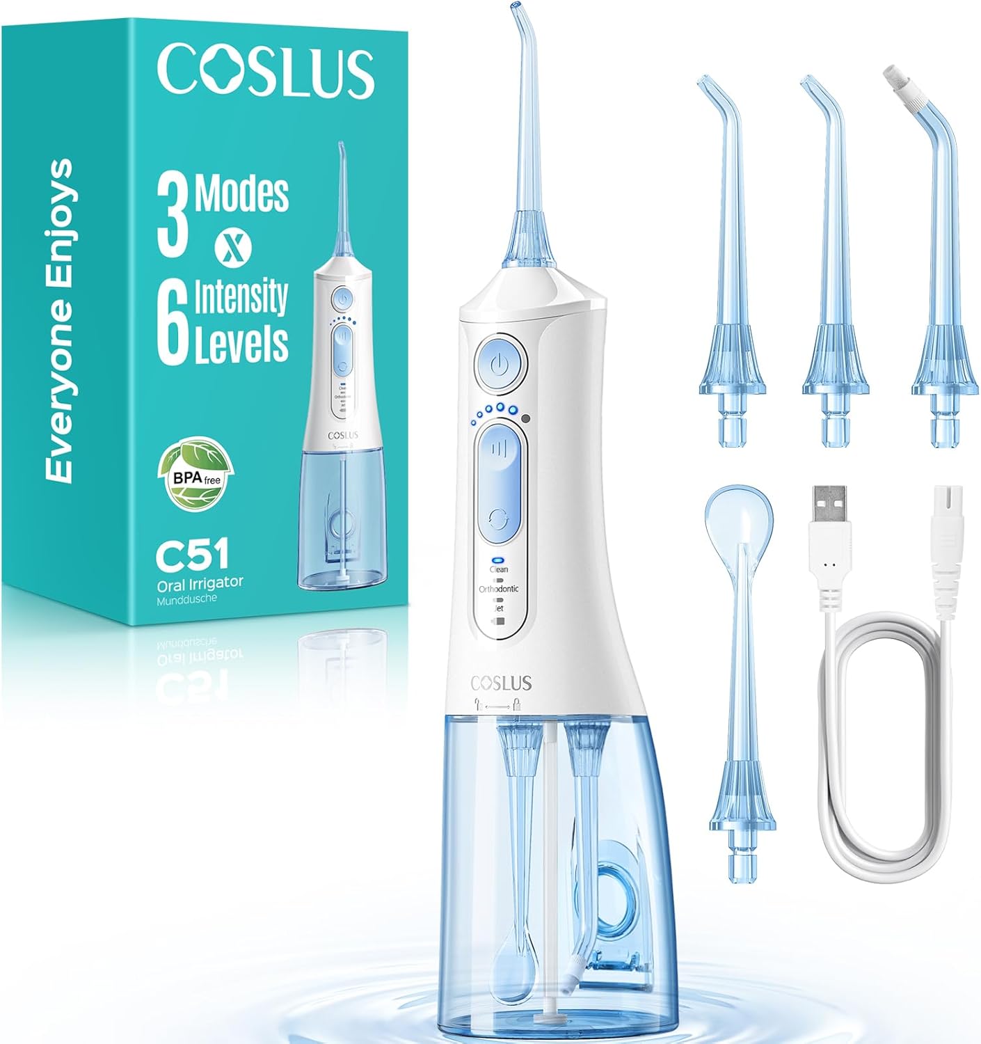 COSLUS Portable Water Flosser for Teeth: 3 Modes & 6 Pressure Settings with Jet Mode Water Dental Pick for Orthodontic, Braces, Sensitive Gums, Compact for Travel, 300ML for Multiple Users, White C51
