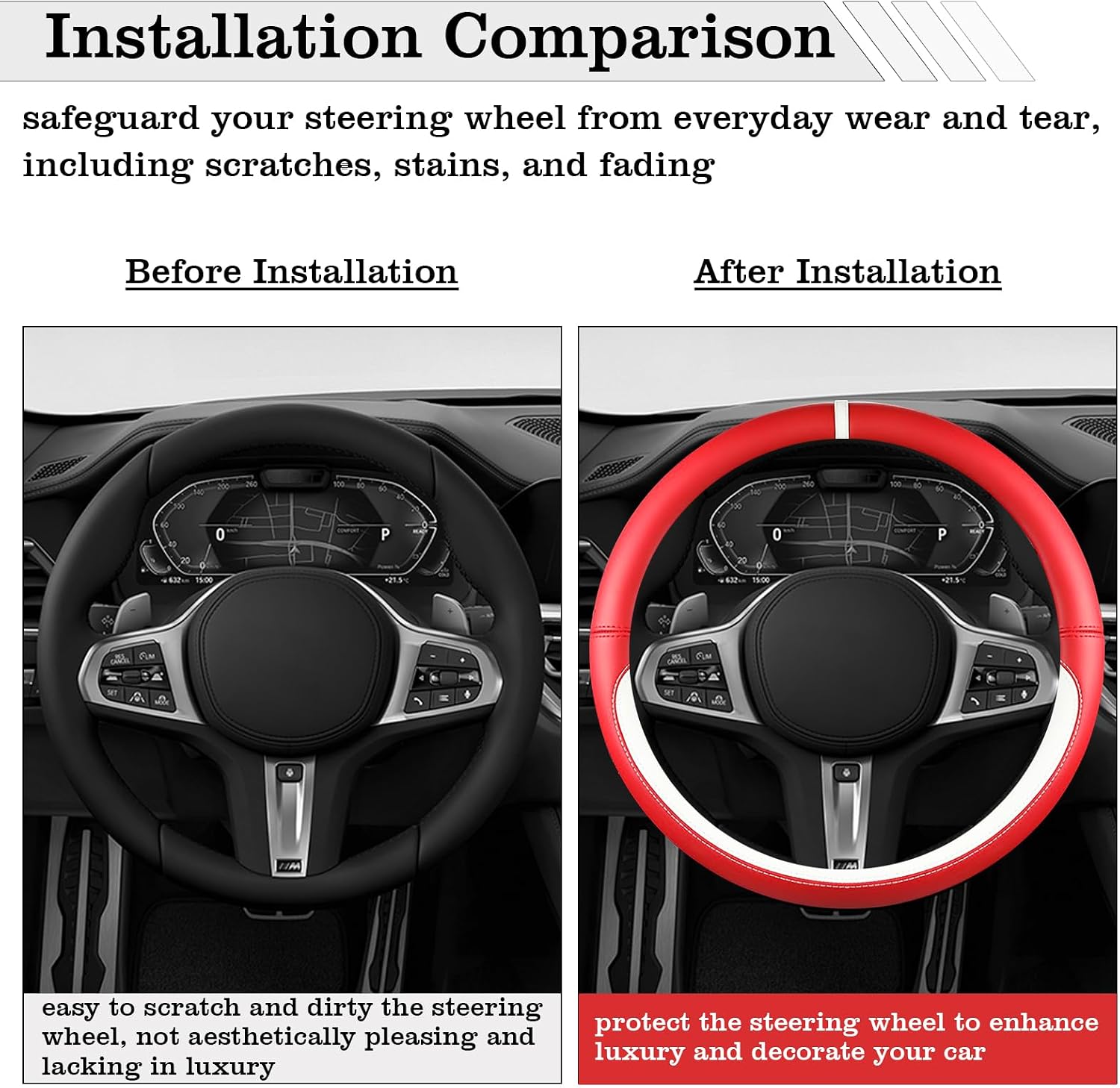 Car Leather Steering Wheel Cover - Panapi Material, Universal 14.5-15 Inch Leather Anti-Slip Breathable Auto Steering Wheel Covers for Men Women (Nappa Leather - Red & White) image 3
