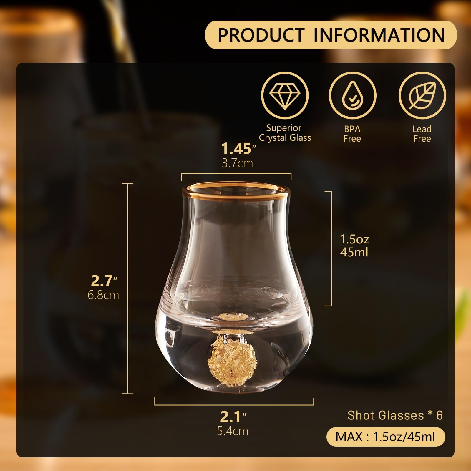 DUJUST Elegantes Geschwungenes Schnapsgläser (4.5 cl), Kristall-Schnapsglas-Set, verziert mit 24-karätigen Goldblattflocken, BPA-frei und bleifrei, perfekt für Dekoration – 6 pcs