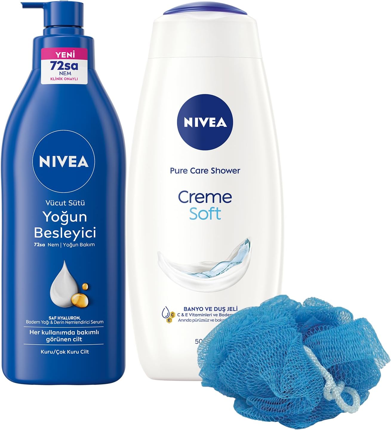 Creme Soft Duş Jeli 500ml ve Yoğun Besleyici Nemlendirici Vücut Sütü 400ml, Banyo Lifi Hediyeli