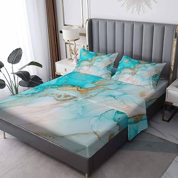 Twin Sheets Set Teal Marble Bed Sheets, Gold Watercolor Sheet Set, Soft Microfiber & Deep Pocket & Wrinkle Free Sheet & Pillowcase Sets, Aqua Abstract Bedding for Bedroom Decor