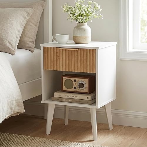 Miniatura 11 de Mesa auxiliar, mesita de noche acanalada, mesa auxiliar moderna, mesita de noche pequeña con 1 cajón y 1 compartimento abierto, mesita de noche