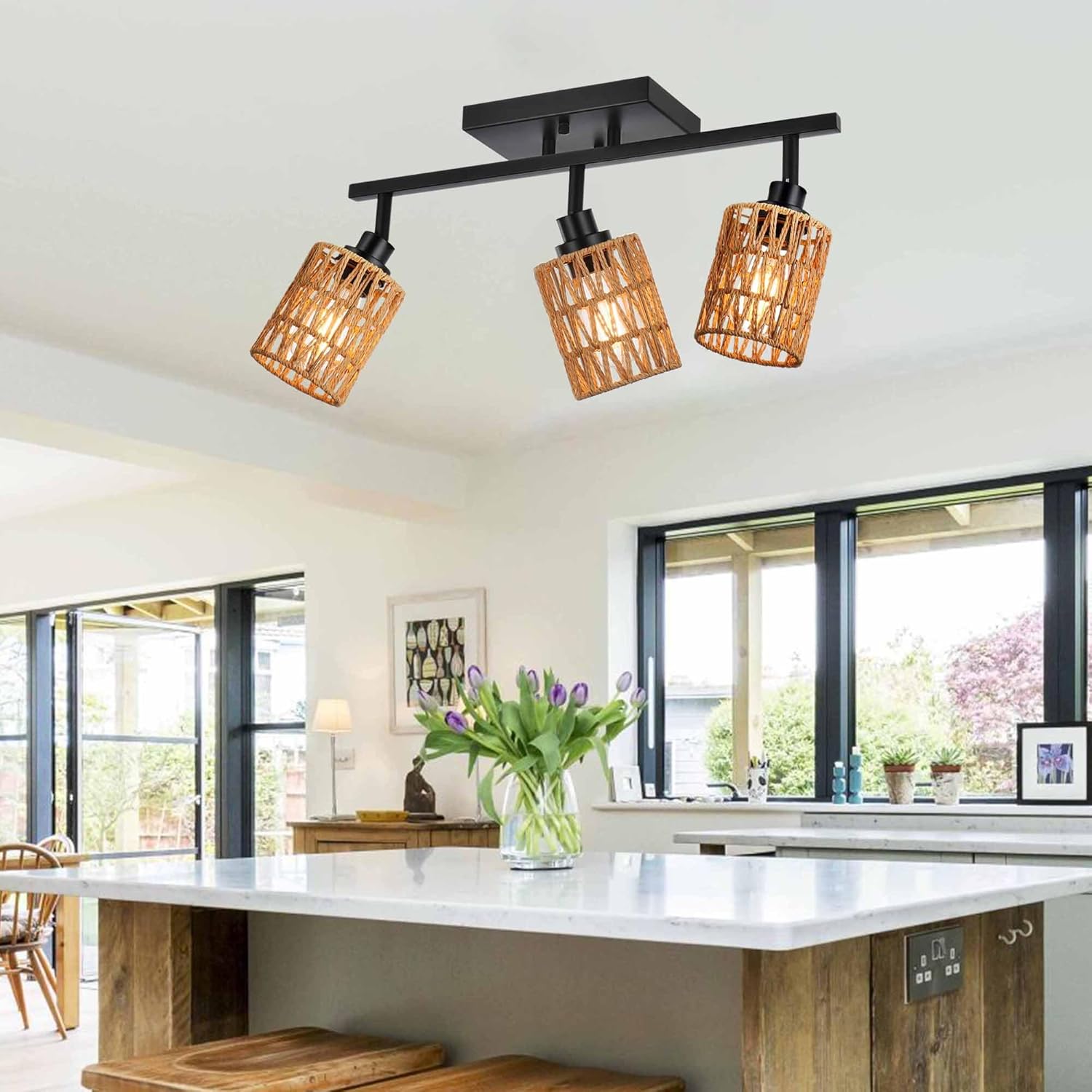 MELUCEE 3 Light Track Lighting Fixtures Ceiling, Black Farmhouse Vanity Lighting Fixtures with Rotatable Light Head for Hallway Porch Foyer Bath Storage, Rattan Lamp Shade