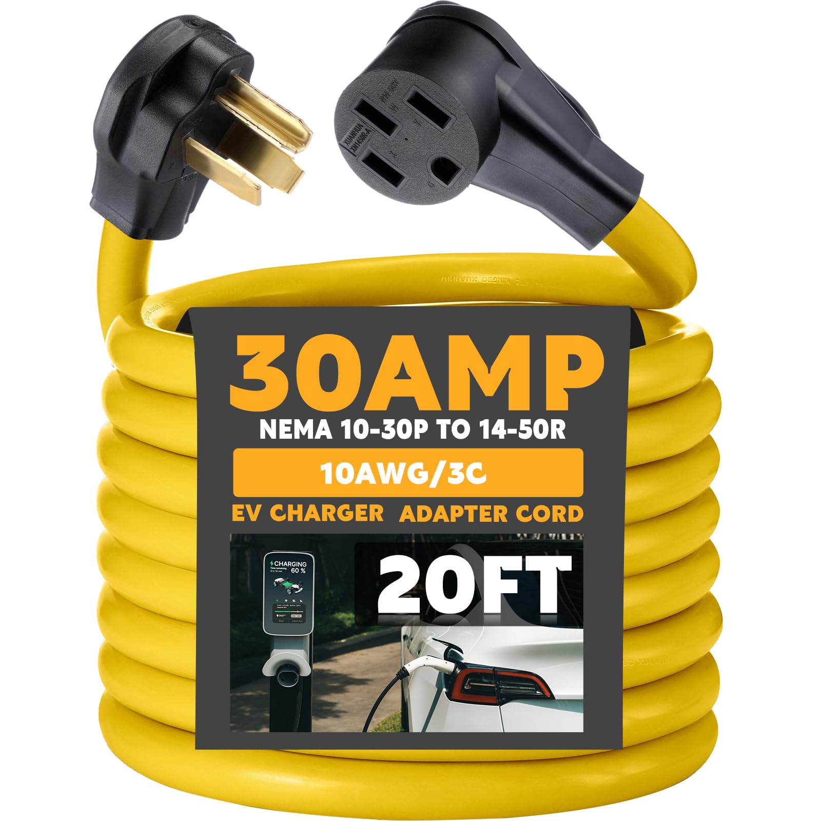 Tellegloww 20ft EV Charger Adapter Cord Compatible with NEMA 10-30P to 14-50R, 30 Amp Dryer to 50 Amp EV for Level 2 Charging, Only for 3 Prong Old