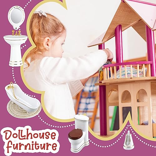 Miniatura 6 de Skylety Juego de baño de casa de muñecas 1:12, 6 piezas, muebles en miniatura de porcelana, juguetes de cerámica, casa de muñecas, inodoro, bañera,