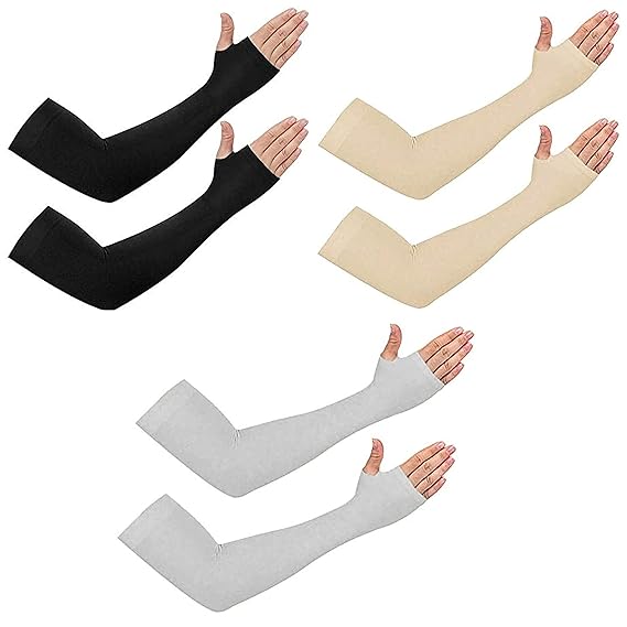 NESVIB 3 Pair Biker, Sports, Driving Full Arm Fingerless Sleeves Gloves for UV, Dust & Sun Protection for Men and Women Black, Beige & Grey Color