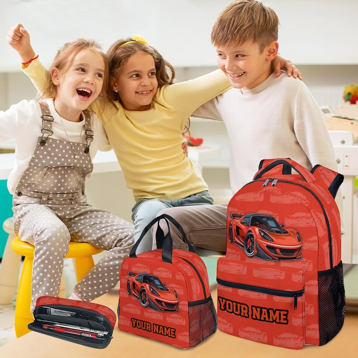 Kids Backpack with Lunch Box, 3 in 1 Custom Cute Car Bookbag for Elementary Middle, 17 Inch Racing Car School Bag Set for School Travel