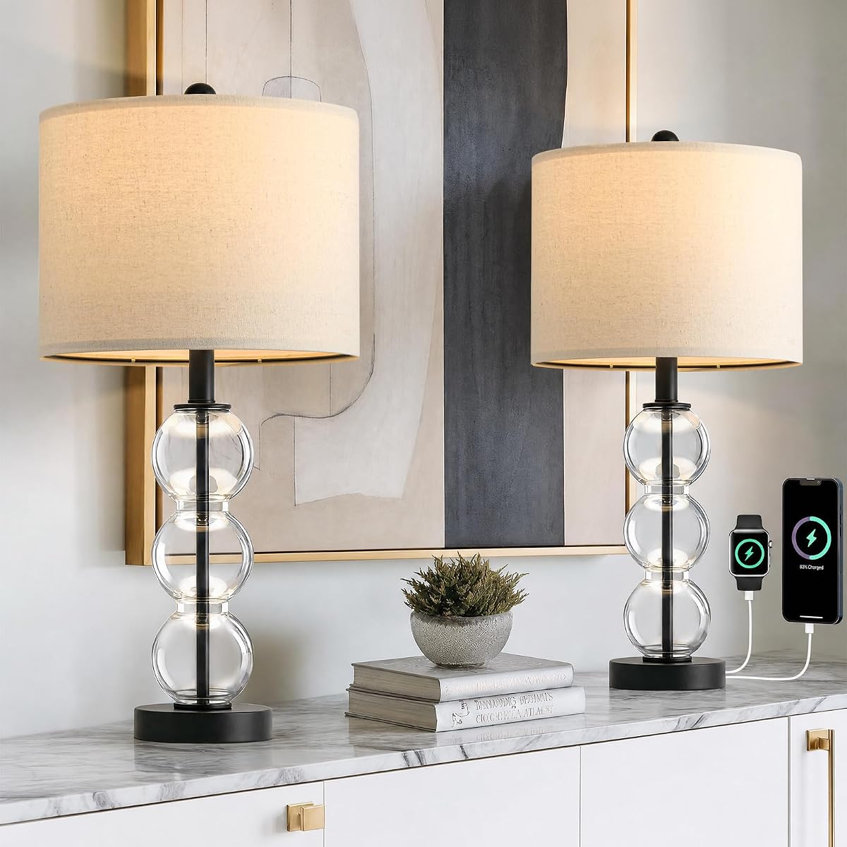25" Glass Table Lamps Set of 2, Black Modern Table Lamps with USB Ports for Living Room, Linen Shade Bedside Lamps for Bedroom, Nightstand, Side Table (Bulbs not Included)