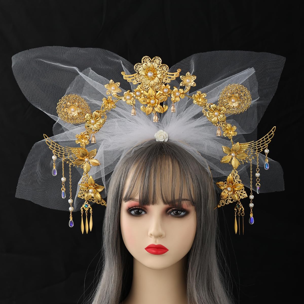 COSDREAMER Virgin halo headpiece crown Silver pearl Women's Masquerade Crown Sunburst Halo Crown Headband Women's Headband Party Costume Accessories (White) - Image 2