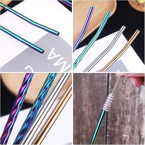 Miniatura 6 de 16 cucharas de pala de metal con 4 cepillos de limpieza, popote reutilizable de 8.9 pulgadas de mango largo de acero inoxidable en espiral para