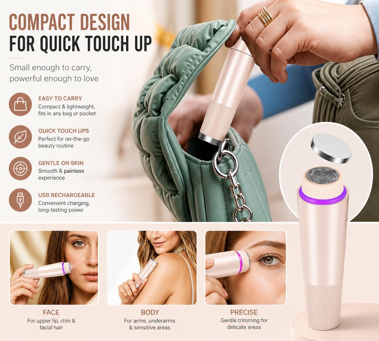 Portable Eyebrow Trimmer For Women, Epilator For Women, Facial Hair Remover For Women,Face, Lips, Nose Hair Removal Electric Trimmer (PH) 4