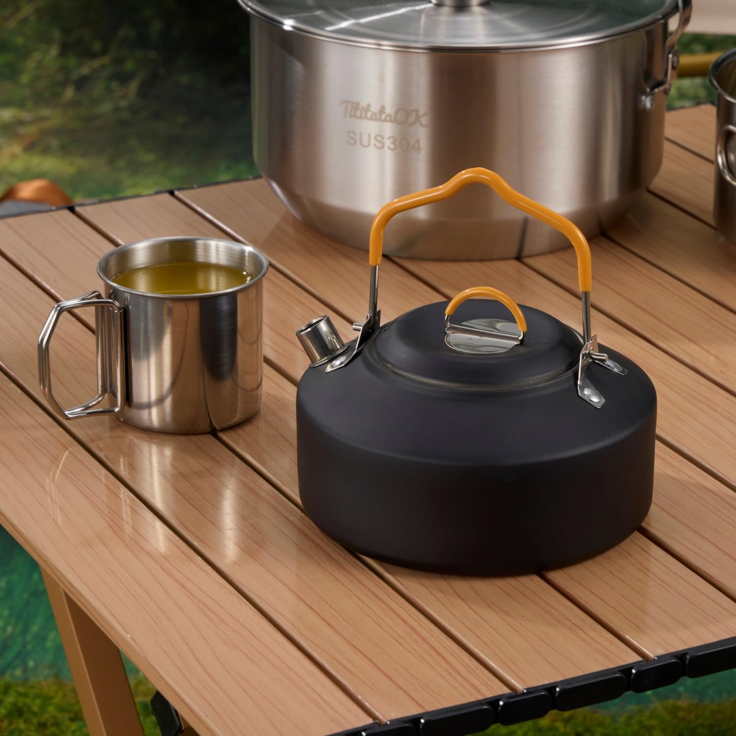 Camping Kochgeschirr Set 304 Edelstahl 10-teilige Töpfe Pfannen, Wasserkocher, Reise Mesh Tasche für Camping, Trekking, Garten Picknick, Backpacking Ausrüstung