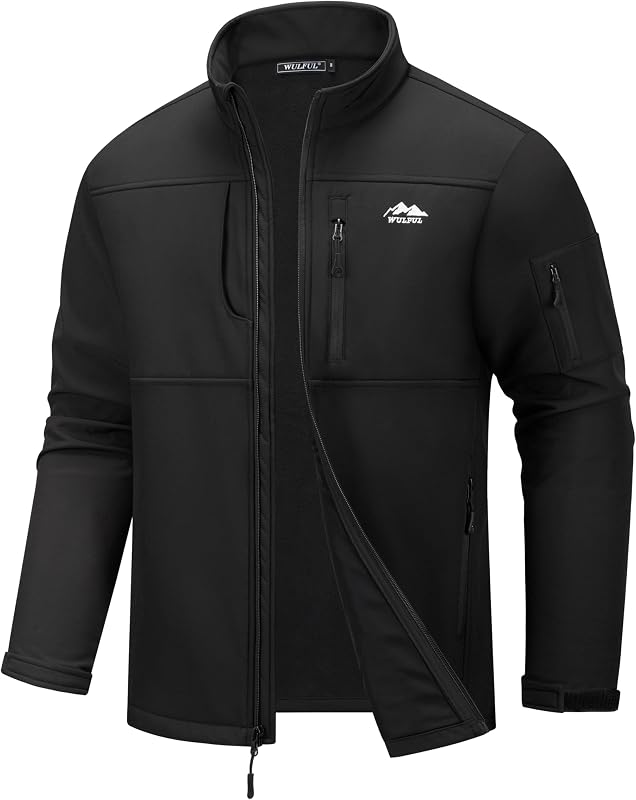 WULFUL Men's Lightweight Softshell Jacket Warm Fleece Lined Windbreaker Waterproof Rain Jacket for Winter Outdoor Hiking