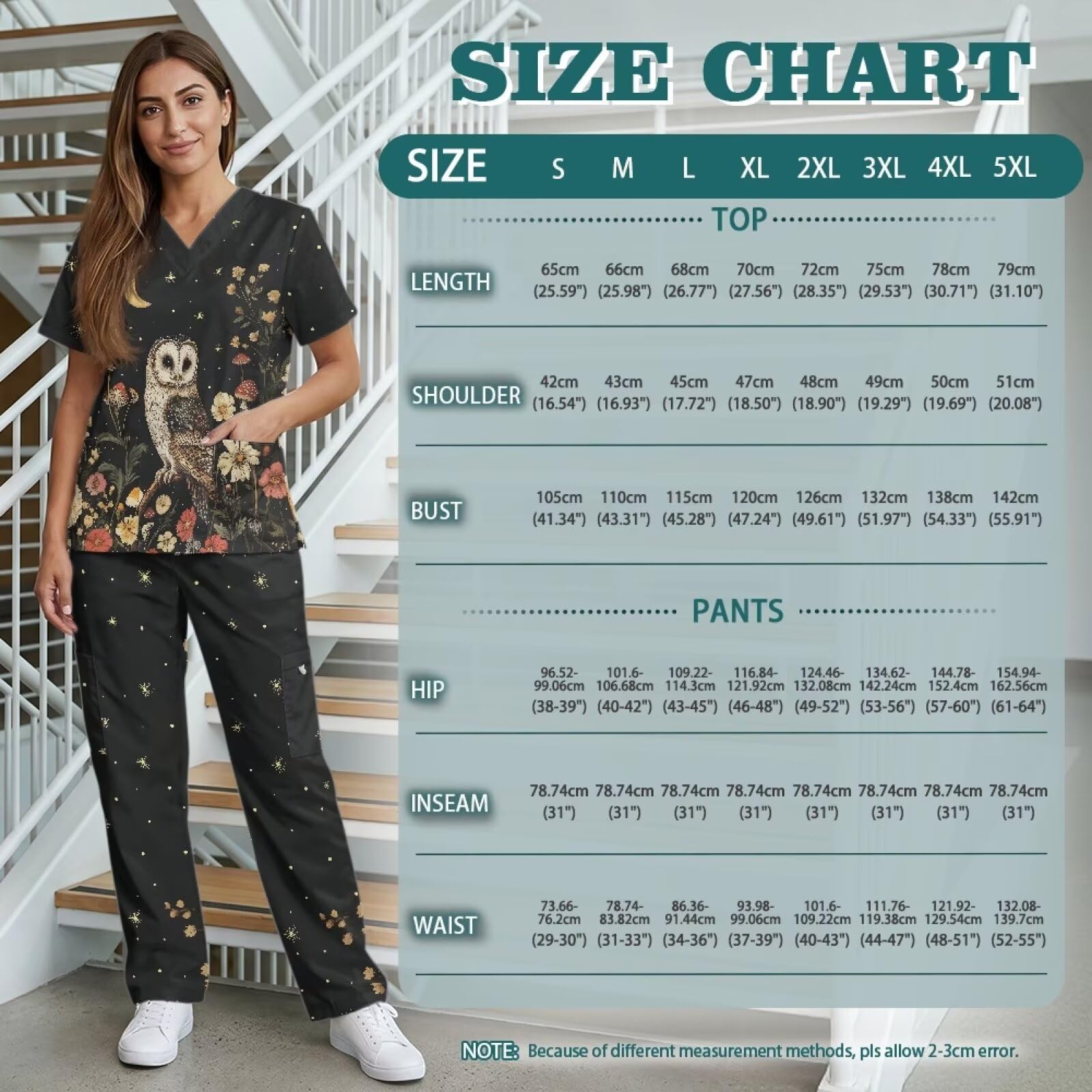 Blouse médicale pour femme avec joli imprimé infroissable et pantalon large avec 6 poches pour soins de santé
