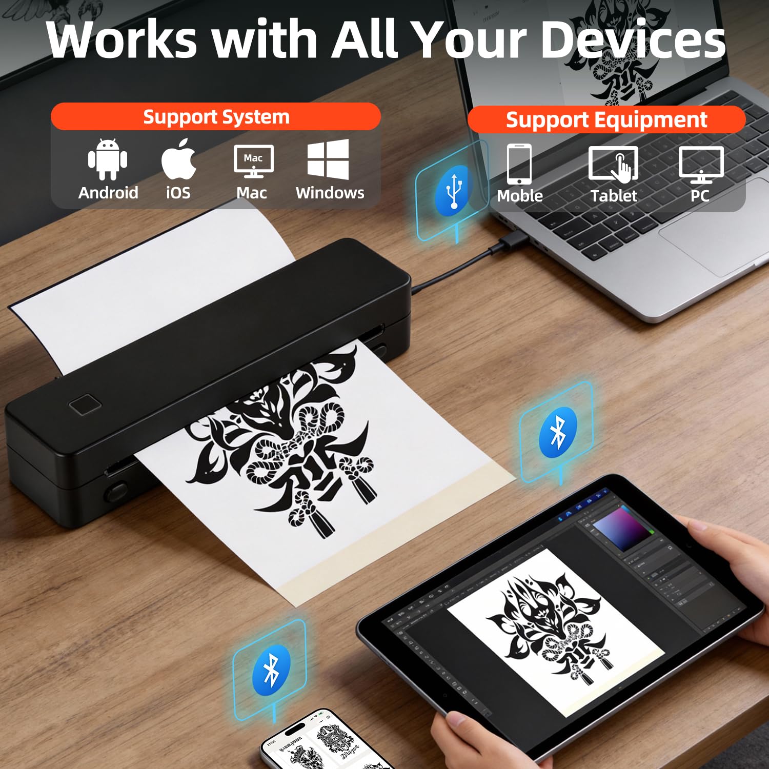 Kit di stencil per tatuaggi - Stampante termica wireless Bluetooth per tatuaggi, carta di trasferimento per tatuaggi temporanei, compatibile con iPhone, Android, PC, per artisti e principianti