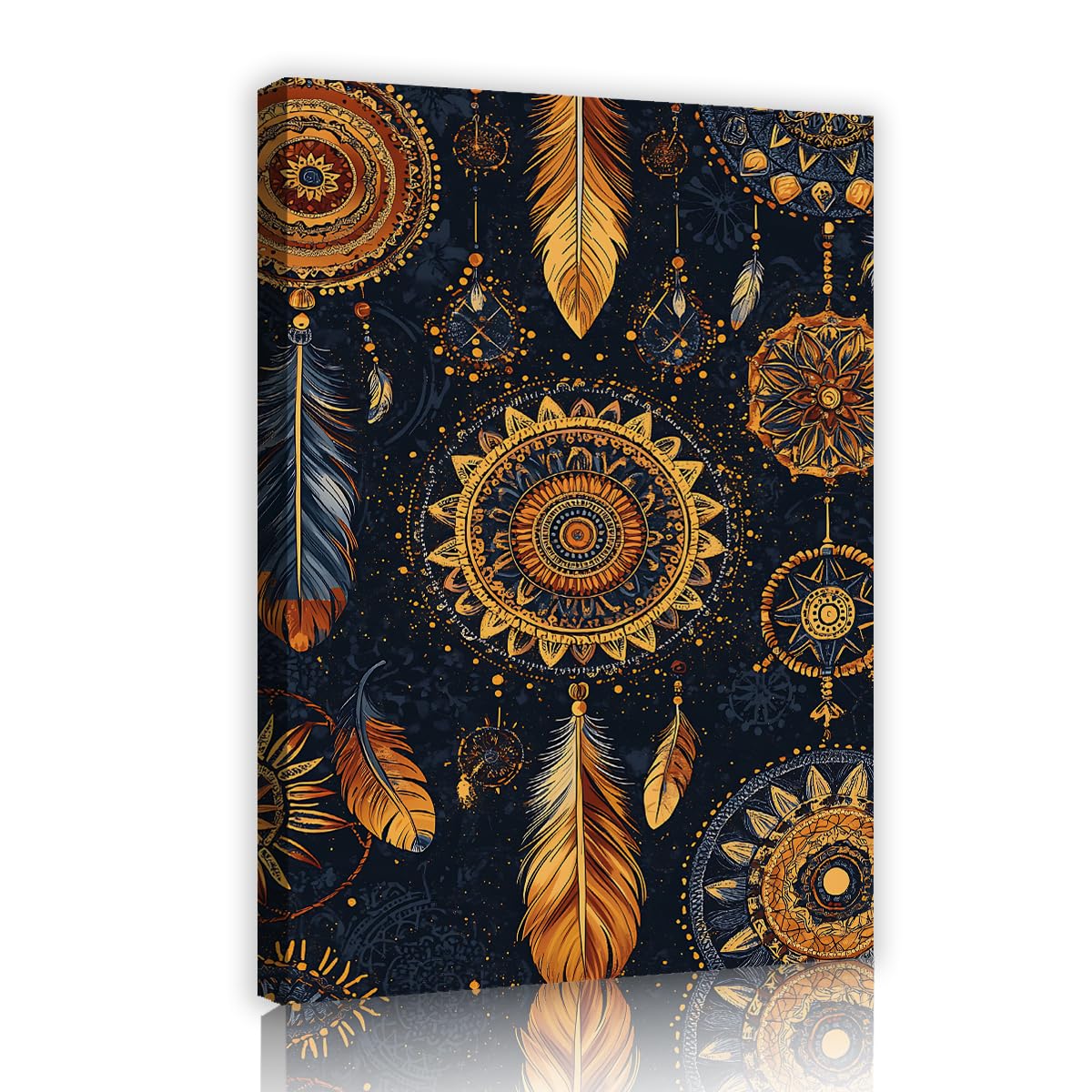 Via Vela Fbh12 Boho Retro Canvas Wall Art Print Feather Mandala Painting Dark Gold Geometric Pattern Poster Print For Yoga Studio Meditation Room Bedroom 70X110cm