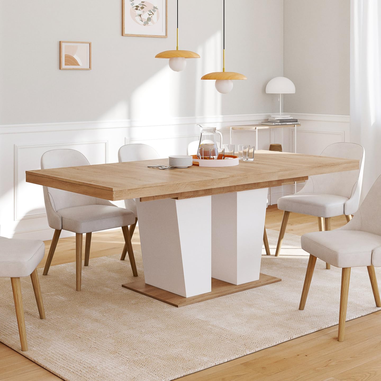 IDMarket - ELIAD mesa de comedor rectangular extensible 6-10 personas madera y blanco 160-200 cm