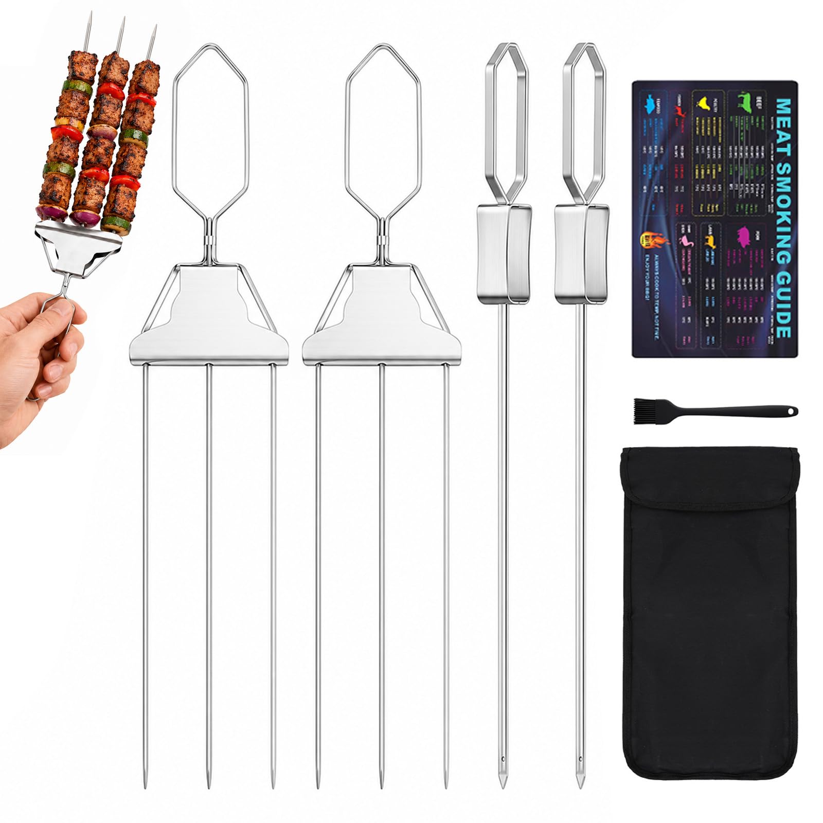 BBQ Skewers Stainless Steel, Beginner Friendly Triple Prong Barbecue Fork Set with BBQ Guide & Storage Bag, Heavy Duty Metal Kebab Skewers for Grill Smoker Camping, 7PCS BBQ Accessories Set