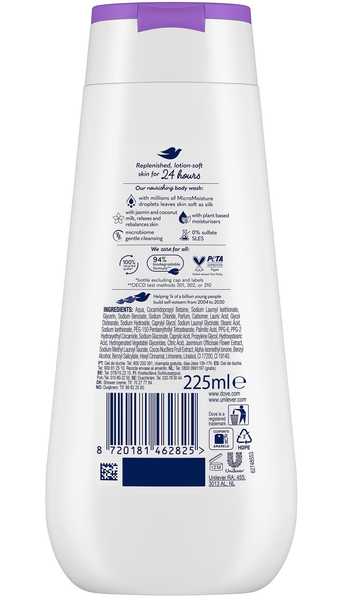 Dove Advanced Care, gel doccia rilassante, gelsomino e latte di cocco, confezione da 12 pezzi, 225 ml