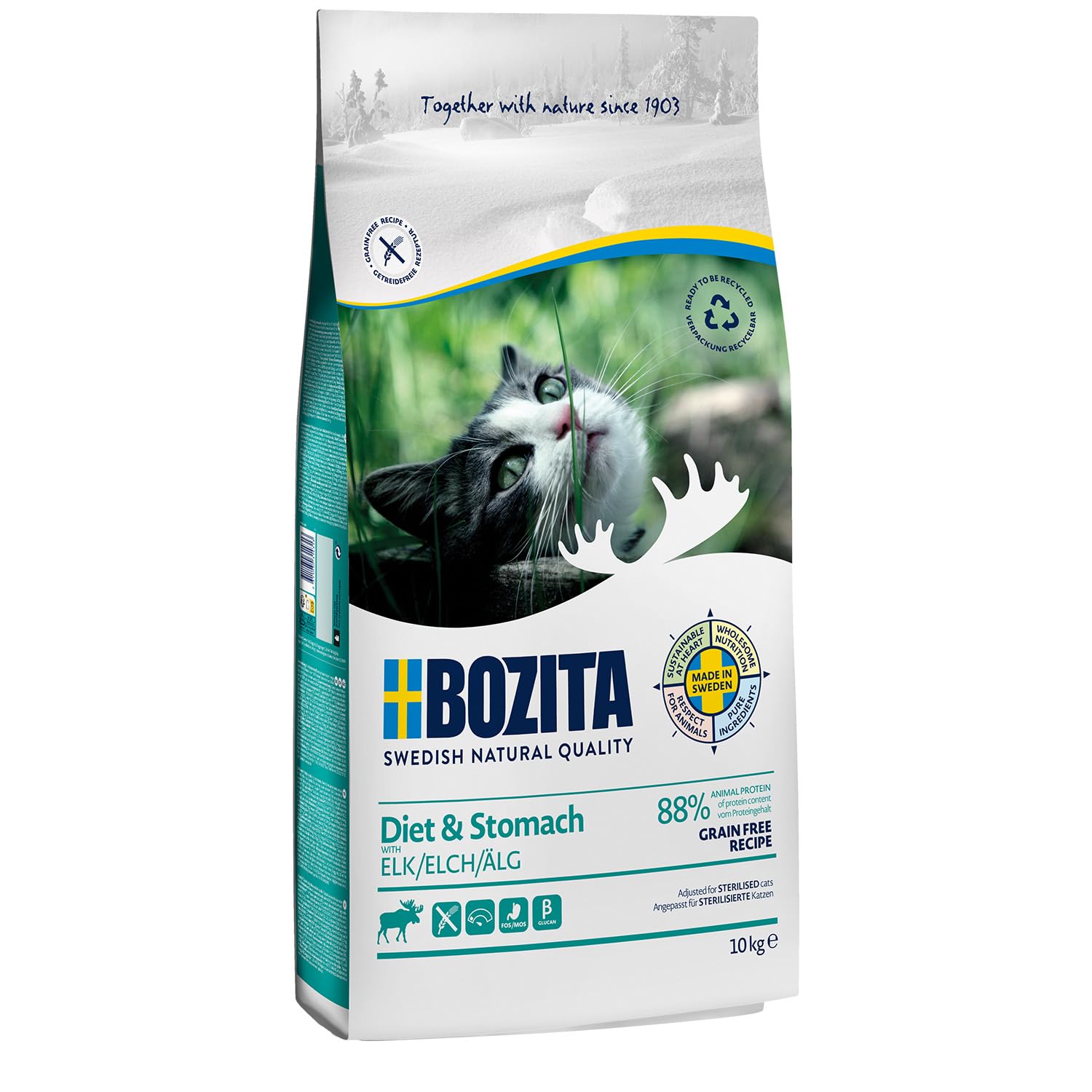 BOZITA Diet & Stomach bezzbożowa z łosia – sucha karma dla mało aktywnych i otyłych dorosłych kotów, 10 kg