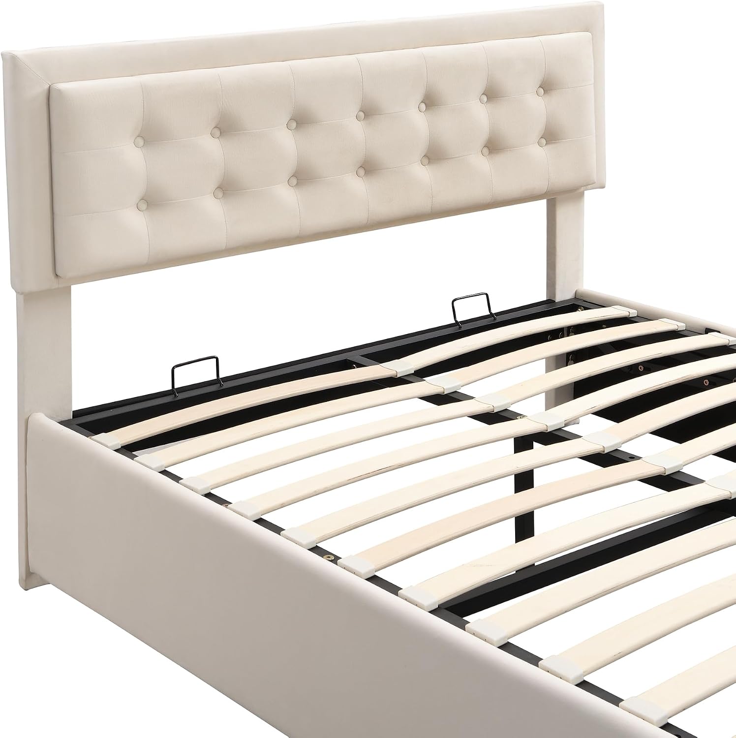 Close-up of the adjustable headboard mechanism, showing the attachment points for height adjustment.