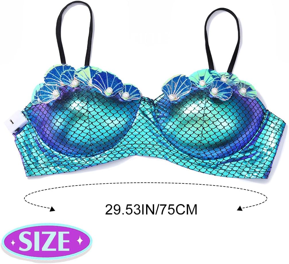 Zoestar Light Up Mermaid Bra Top Seashell Costume Bikini Tops Summer Beach Bra Rave Festival Outfit for Women Blue - Image 2