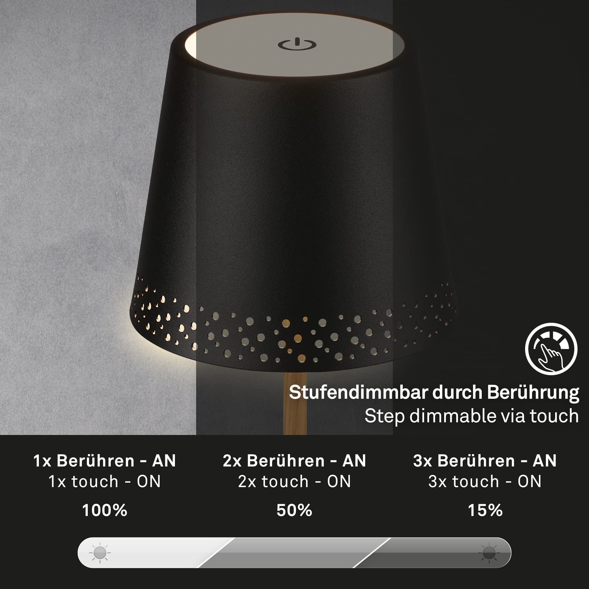 BRILONER - LED Tischlampe kabellos mit Touch, dimmbar in Stufen, höhenverstellbar, Nachttischlampe, Leselampe, LED Lampe, Campinglampe, Tischleuchte, Akkulampe, Outdoorlampe, 38x12 cm, Schwarz