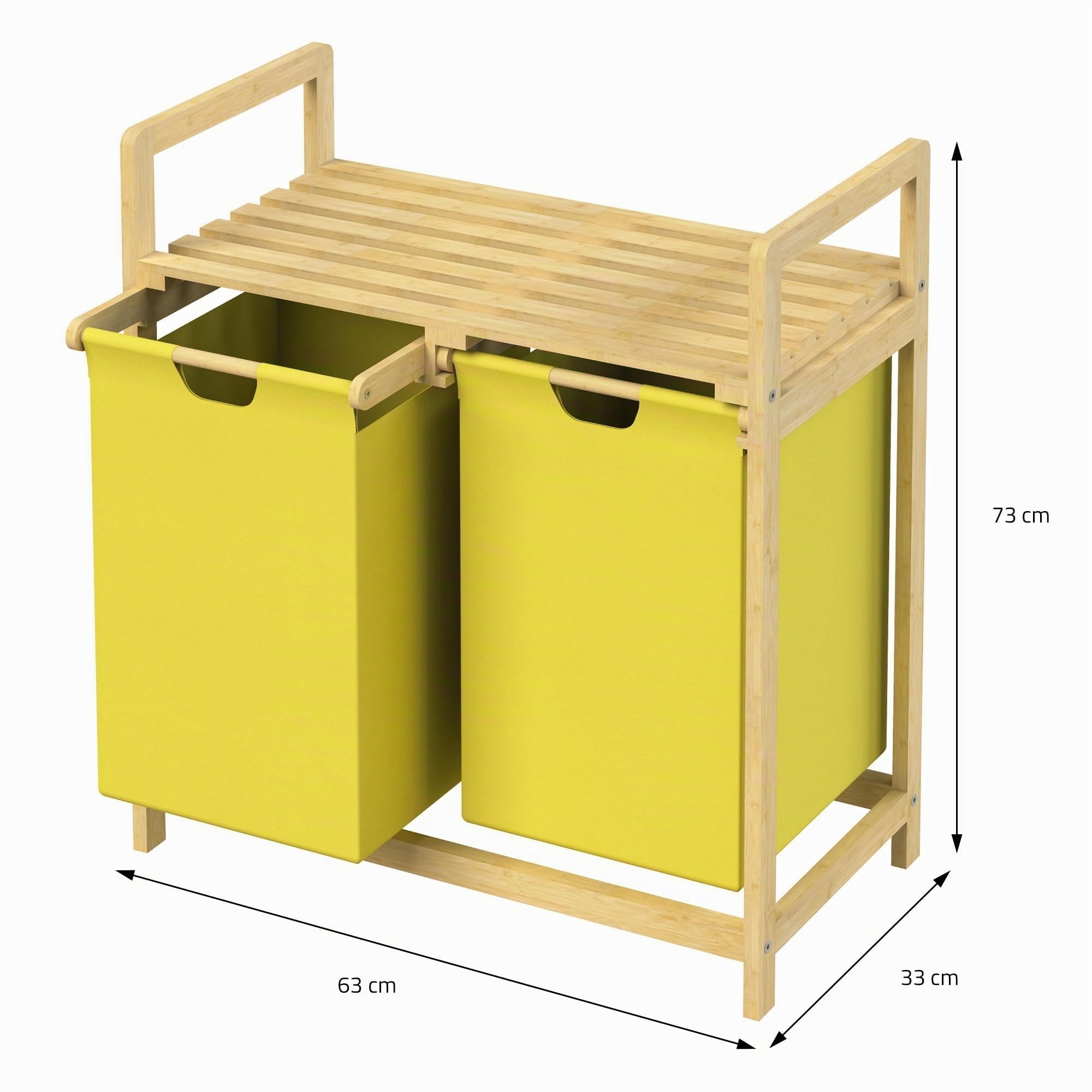 ML-Design Cesto Portabiancheria con Struttura in Bambù e 2 Scomparti 2x30L Mobile Portabiancheria Giallo con Maniglie e Ripiano, Raccoglitore adatto per il Bagno o Sacchi Estraibili, 63 x 33 x 73 cm