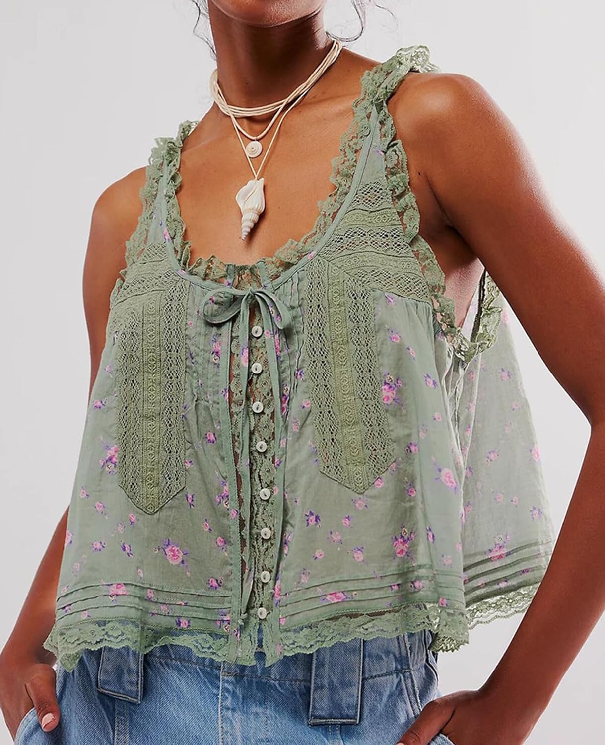 WOWULOVELY Women Lace Trim Tank Tops Sleeveless Ruffled Lace Trim Chiffon Top Flowy Front Tie Mesh Crop Y2K Cami Shirt - Image 2