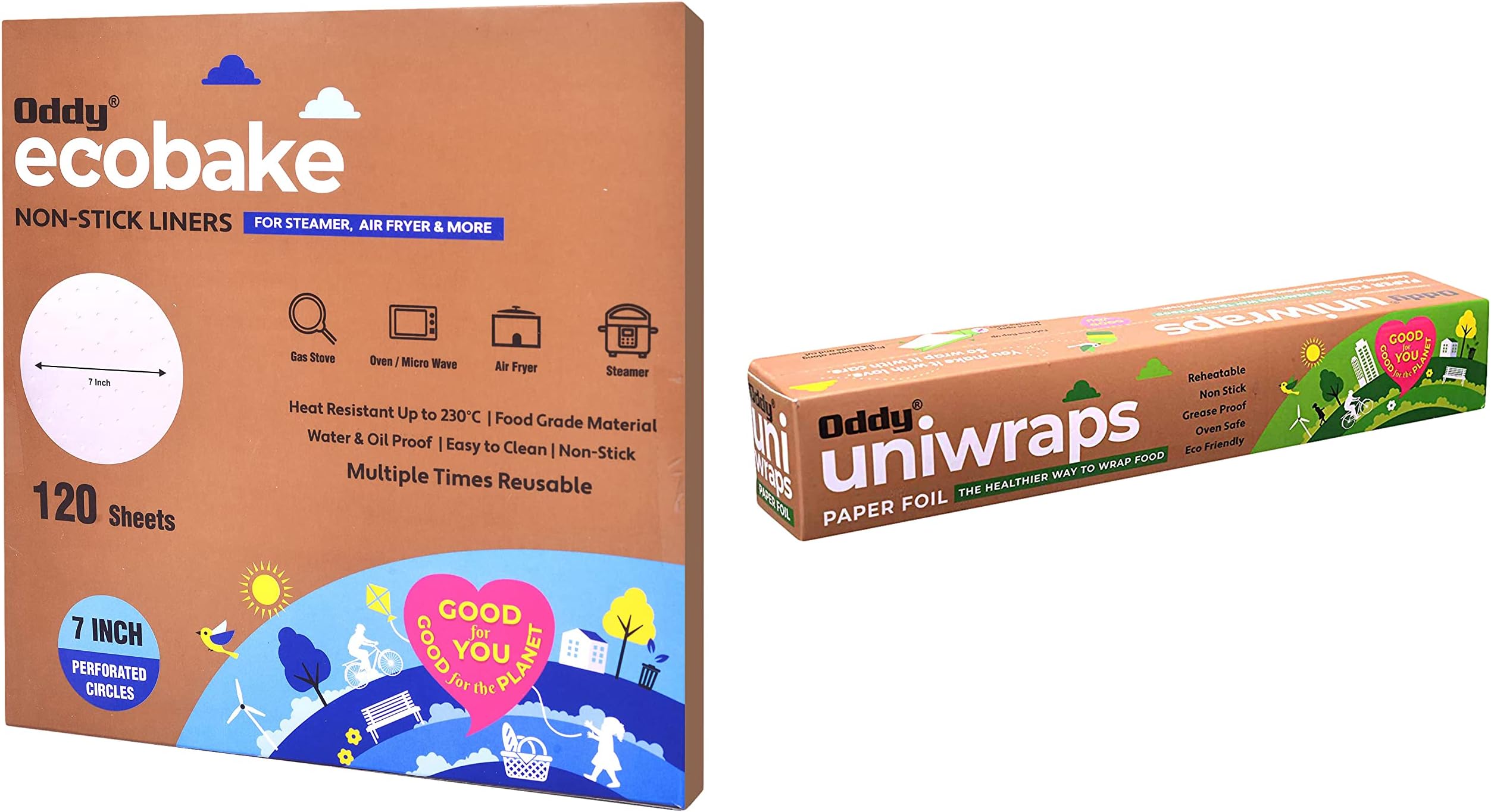 Oddy Uniwraps Food Wrapping Paper 11" x 16 Mtrs & Oddy Ecobake Non-Stick Baking Paper for Steamer, Airfryer & More - Perforated, 7 Inch Circle, 120 Pcs