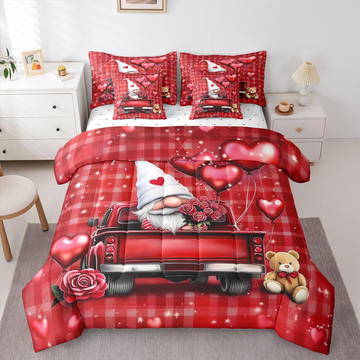 Happy Valentine's Day Comforter Set 7 Pieces,Red Gnome Truck Bed Set for Adults,Romantic Roses Bear Bedding Full with 1 Comforter,1 Fitted Sheet,1 Flat Sheet,2 Pillowcases,2 Throw Pillow Cover