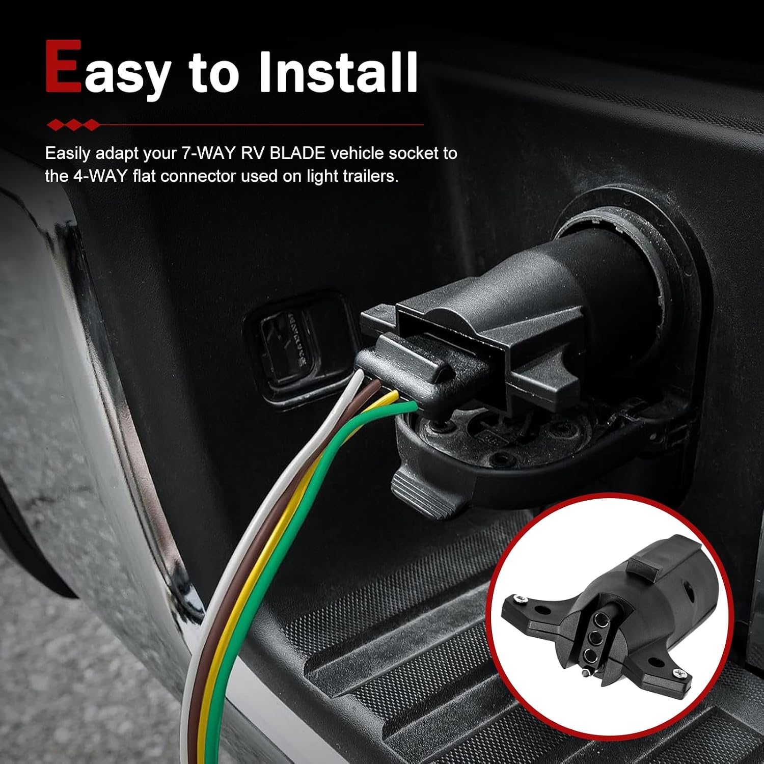 7 Way to 4 Way Trailer Plug Adapter, 7 Pin Blade to 4 Pin Flat Connector, Waterproof Anti-vibration Heavy-duty Wiring Plug Converter, Universal for Most RVs Trucks Trailers (Black)
