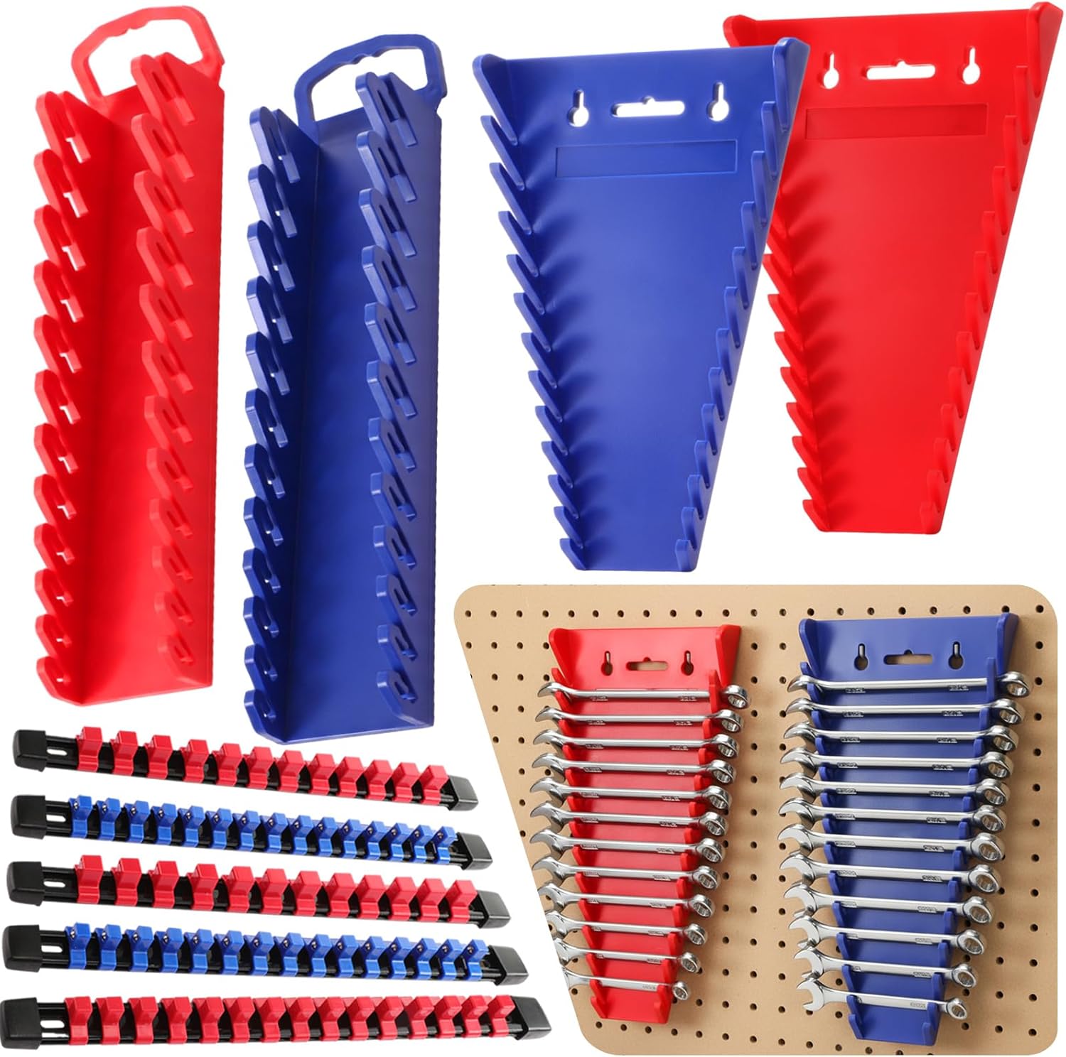FairySandy 10 Pack Magnetic Socket Organizer and Magnetic Wrench Organizer Set Socket Holder Tray for 1/4 3/8 1/2 Drive Sae & Metric Ratchet and Wrench Holder for Garage Tool Storage