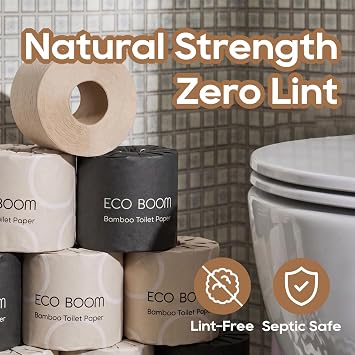 ECO BOOM Unbleached Bamboo Toilet Paper, 48 Mega Rolls, 100% Tree-Free 3-Ply, Plastic-Free Packaging, 360 Sheets | PFAS Free, BPA Free, Septic Safe & FSC Certified