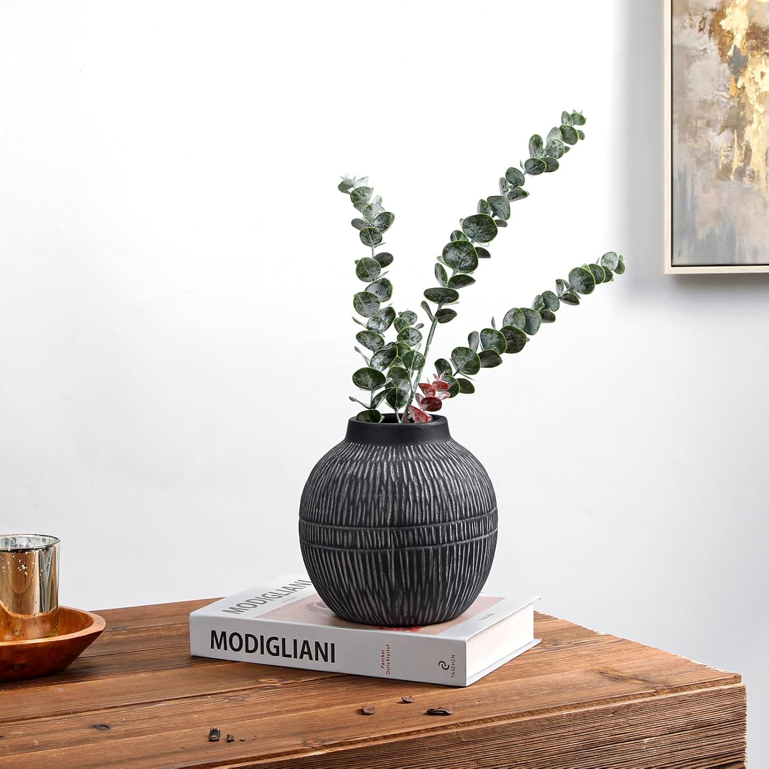 7" Short Rustic Vase with Geometric Linear Striations, Round Ceramic Vase Suitable for Leaves Stems & Flowers, Low-Profile & Cool Tone Style, Chunky, Small & Dark Grey - Image 6