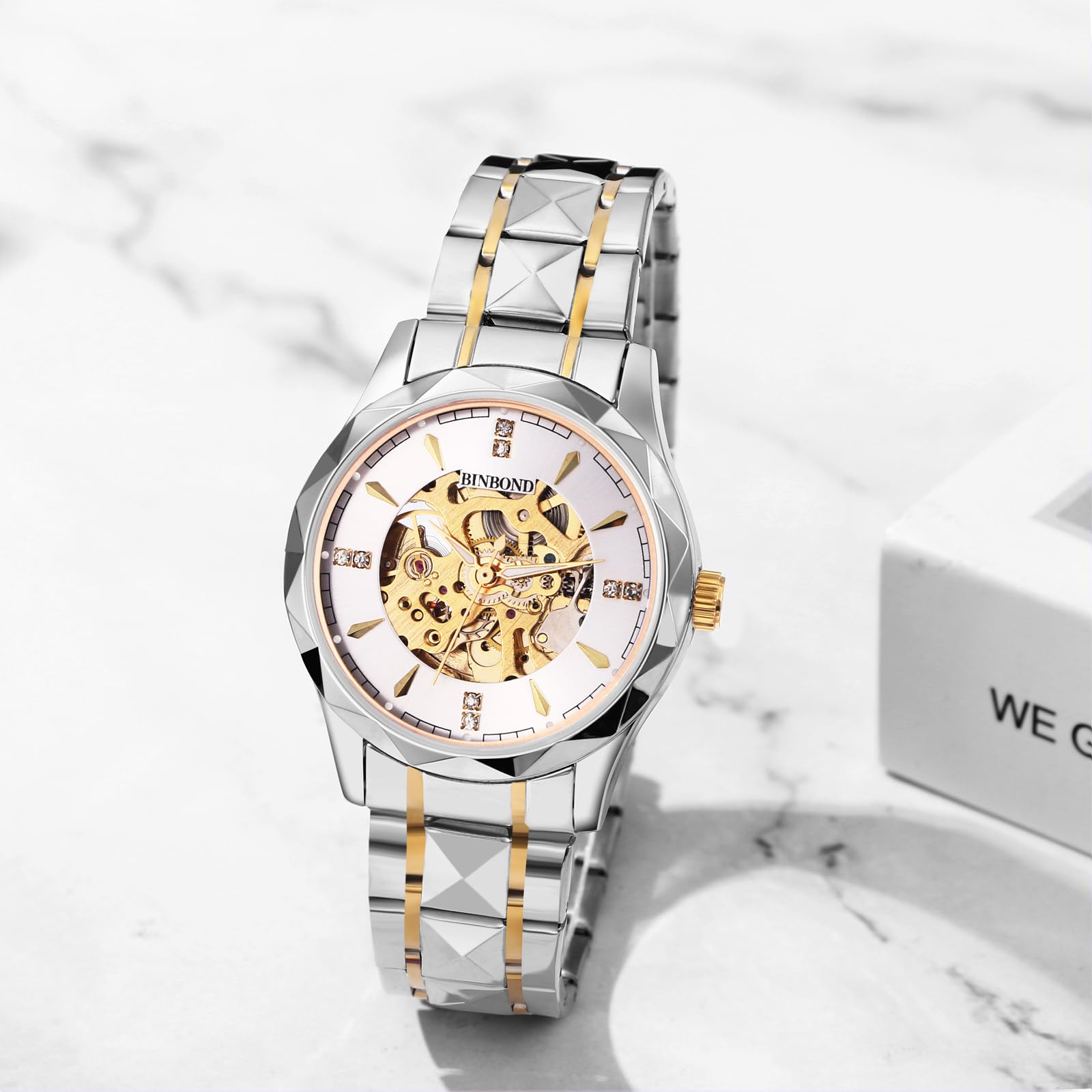 JewelryWe Orologio da Polso Meccanico Automatico: Orologio da Uomo Impermeabile Scheletro Orologi Lusso Diamante Luminoso Cinturino in Acciaio Inossidabile