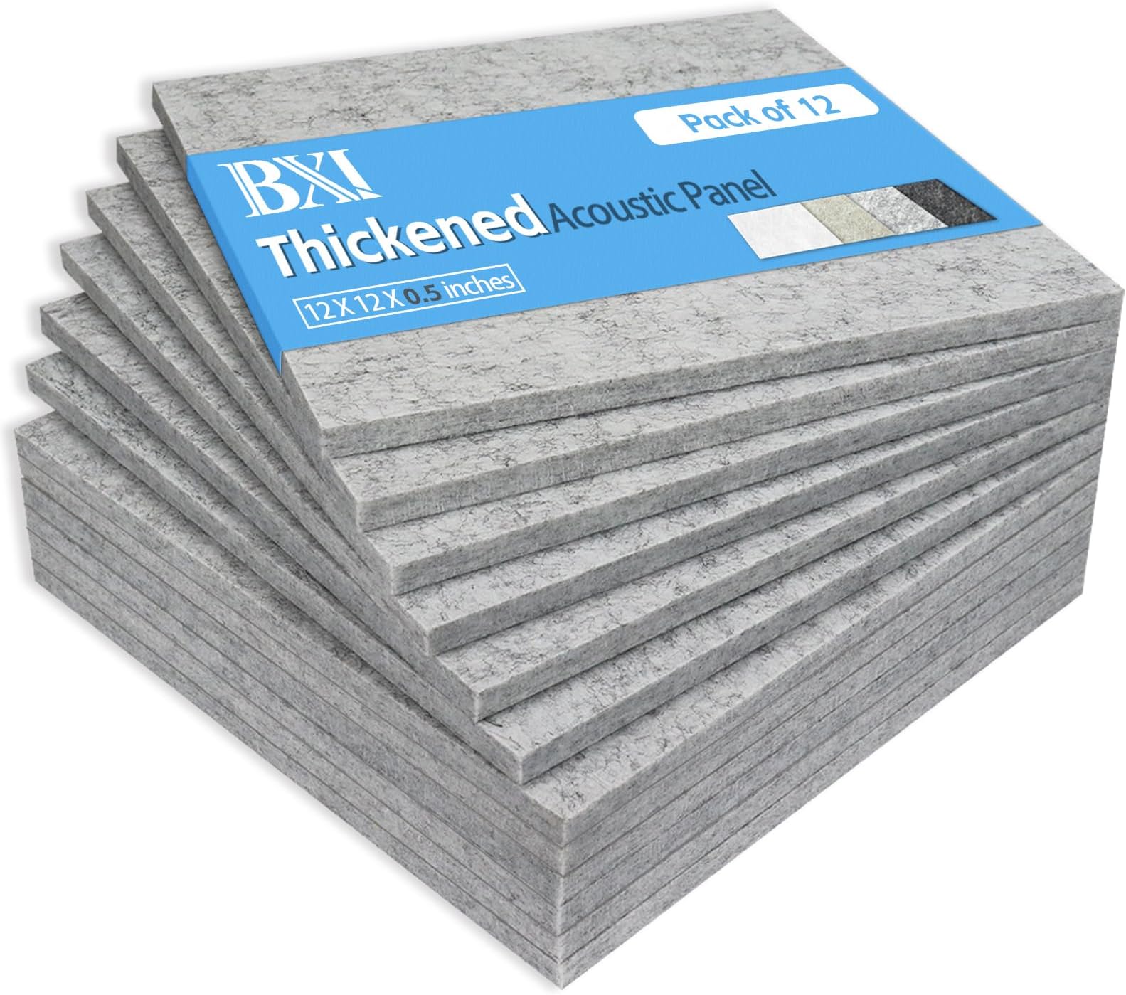 BXI Thickened Sound Absorbing Panels, 12 Pack 12'' X 12'' X 0.5'' Acoustic Studio Treatment Soundproofing Absorption Padding Wall Tiles (Silver Gray)