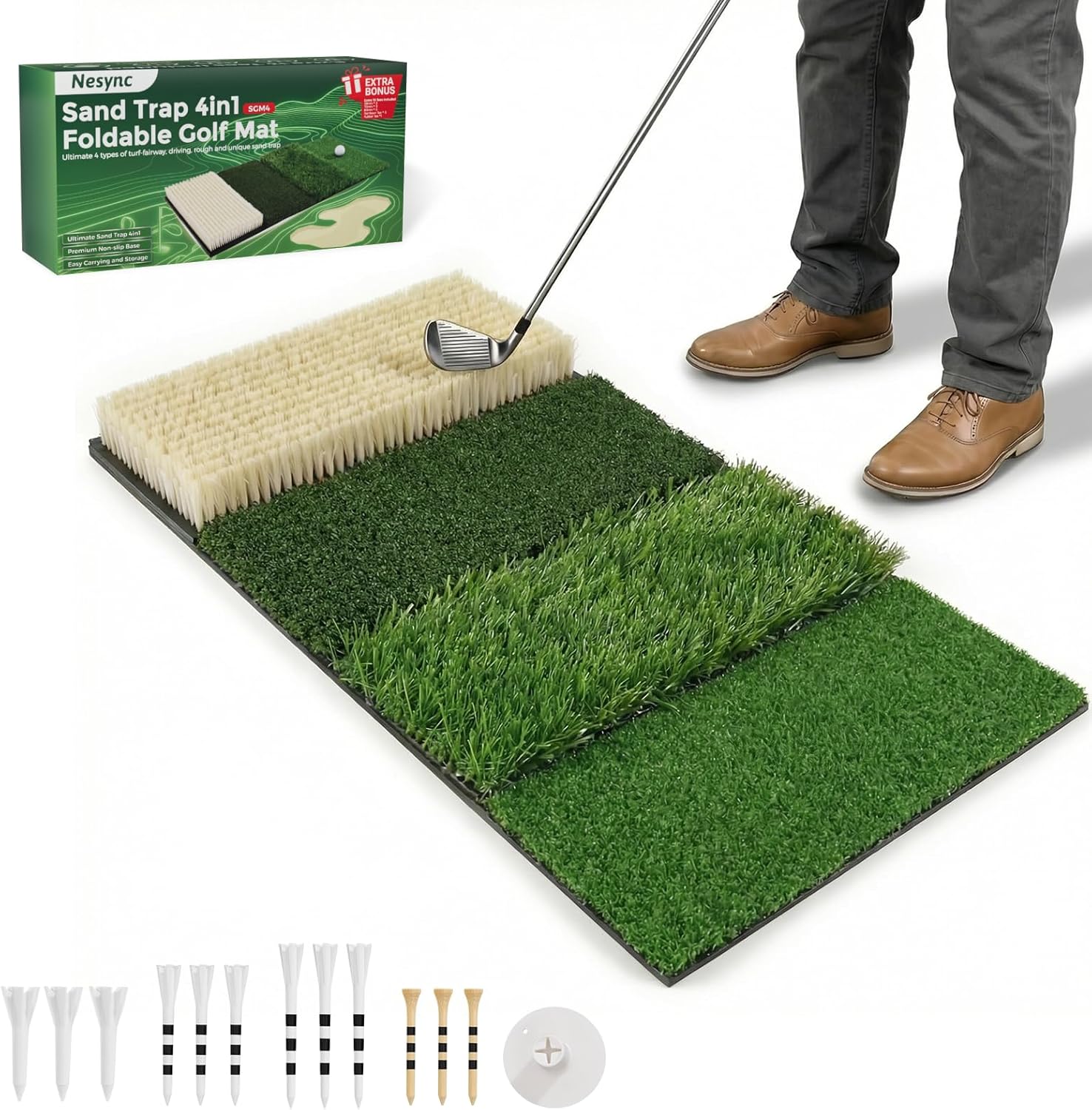 4-in-1 Foldable Heavy-Duty Golf Hitting Mat, Sand & Tee Turf, Anti-Slip Backing，for Swing/Chip/Putting Practice，Golf Practice Mat with Golf Mat Tees