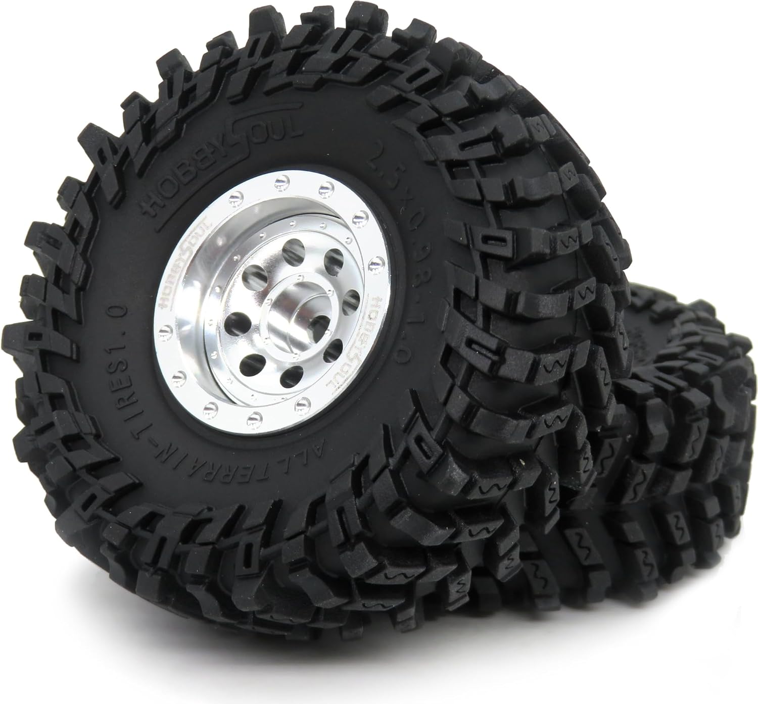 HOBBYSOUL RC 64mm Tall 1.0 beadlock wheels tires, 1.0 Tires Tyres & Metal 1.0 wheels +1mm & -3mm offset Rims Silver For RC Mini Crawler Trail 1/24 SCX24 FMS24 FCX24 1/18 TRX4M