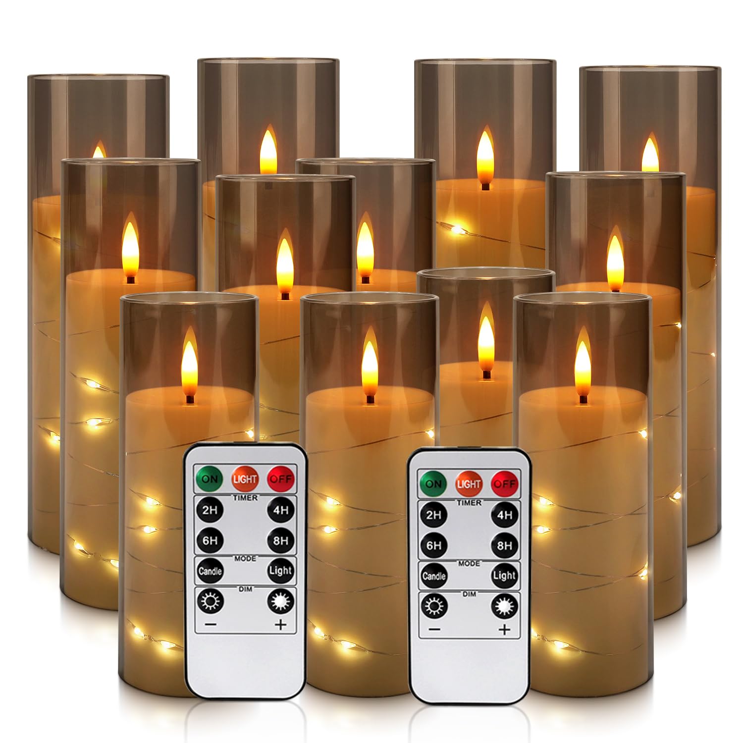 LIVEN Flickering Flameless Candles Battery Operated with Remote,Led Pillar Candles with Realistic Moving Wick Candles for Halloween,Christmas,Home Decor Pack of 12 (D2.2 xH 5" 6" 7")(Grey)