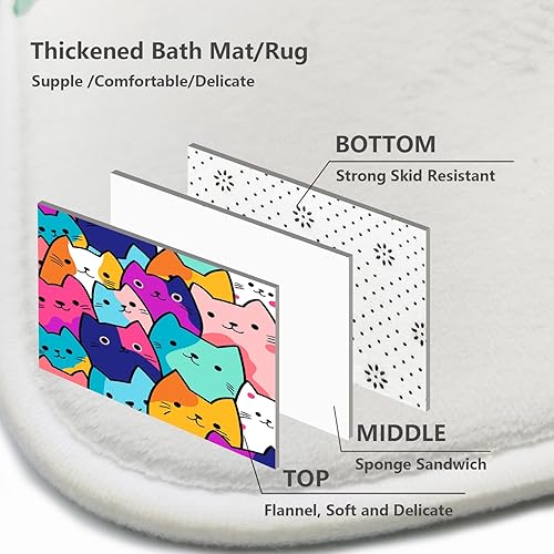 Miniatura 6 de Juego de 4 alfombras de baño y cortina de ducha para niños, bonito diseño de gato, 72 x 72 pulgadas con 12 ganchos, tapete de baño antideslizante