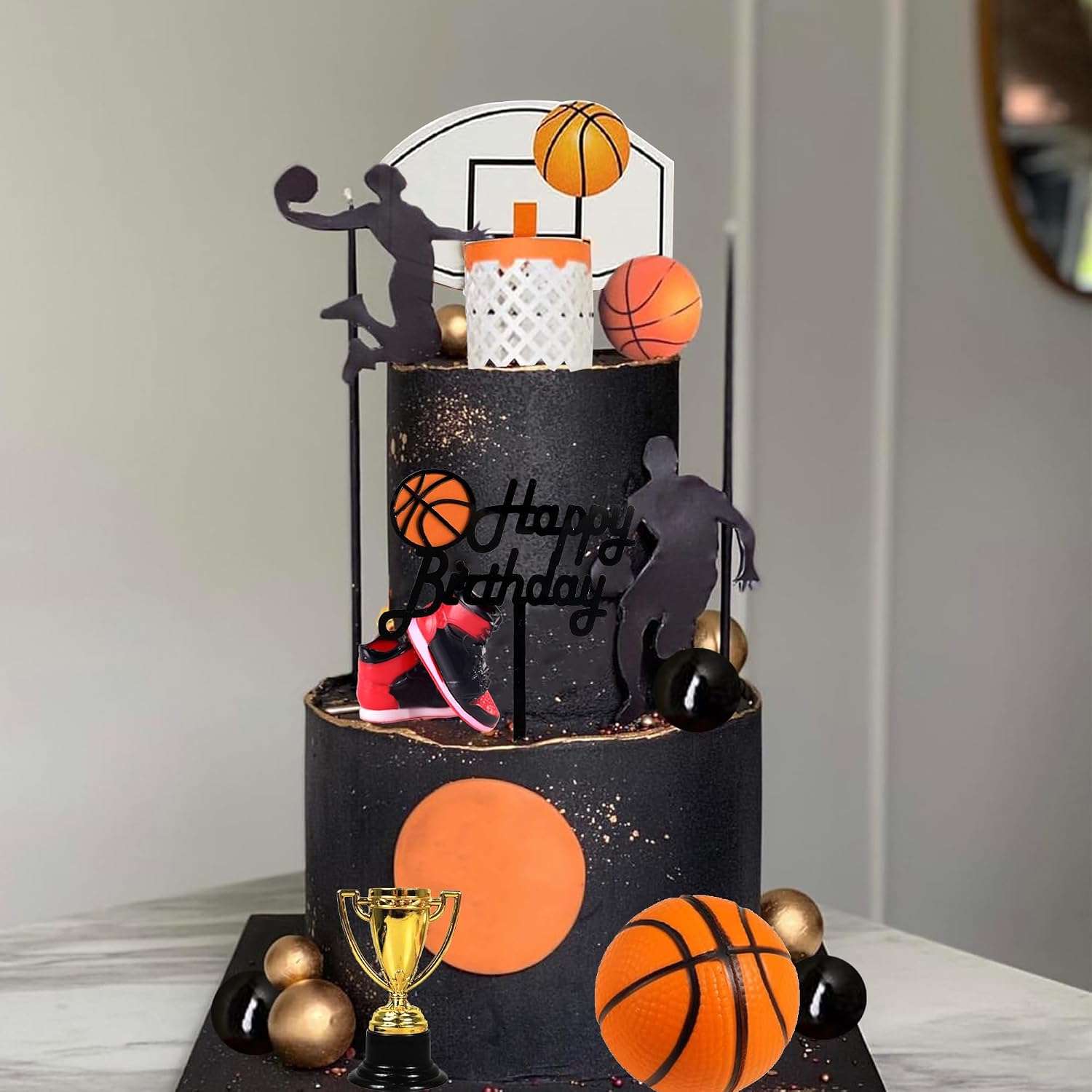 25 PCS Basketball Cake Toppers Black Gold Balls Cake Decorations Basketball Theme Cake Decoration for Boy Birthday Sport Party Supplies