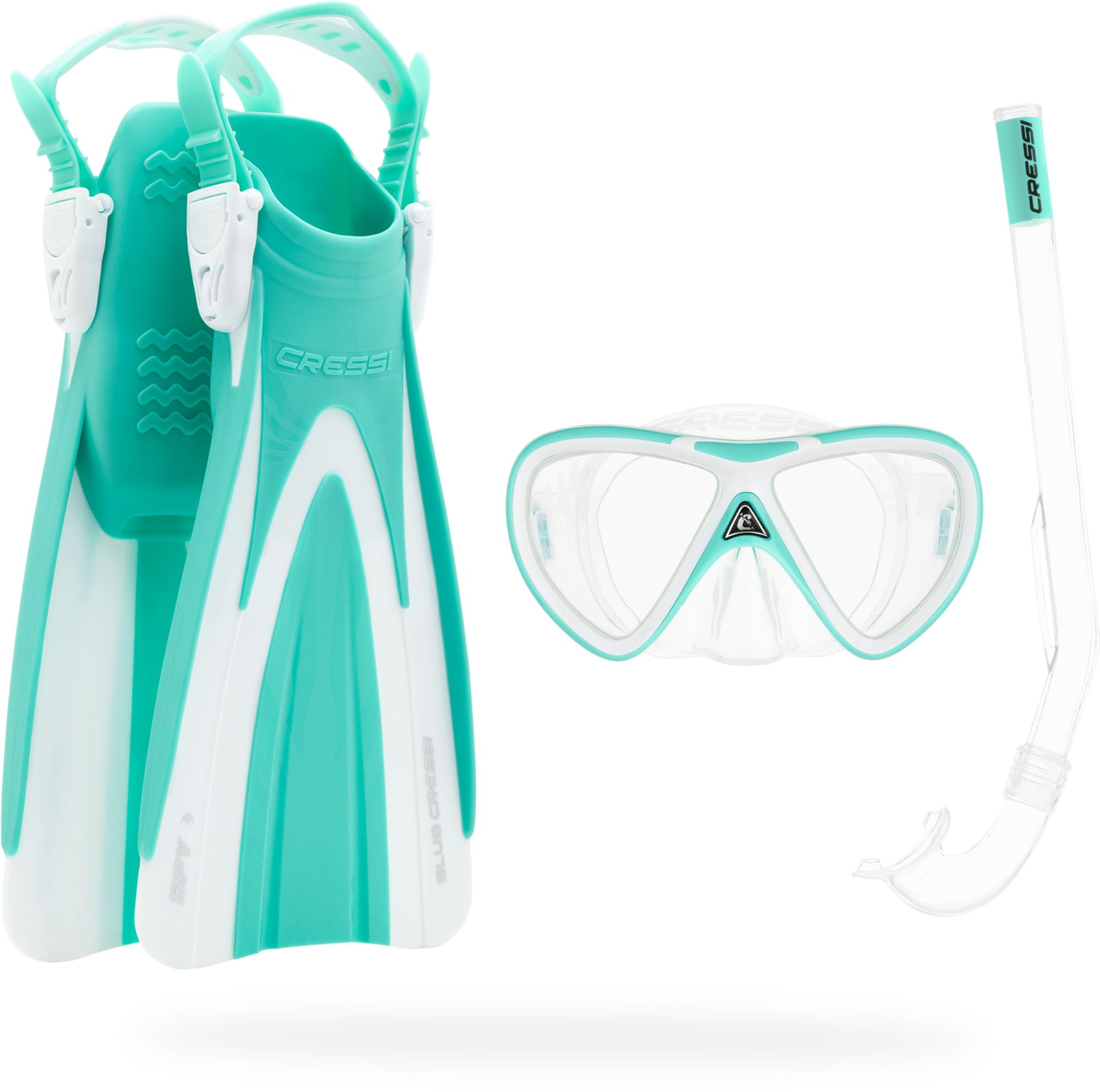 CRESSI Seashell Seekers Set Aqua Green/White S/M - Junior Snorkelling Set Spy Fins, Mini Peg Mask and Mini Island Snorkel, Aqua Green/White, S/M