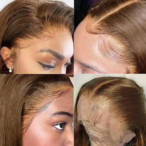Miniatura 8 de Pelucas de encaje frontal sintético lacio marrón, sin pegamento, línea de cabello natural, con reflejos marrones, pelucas de encaje sintético marrón