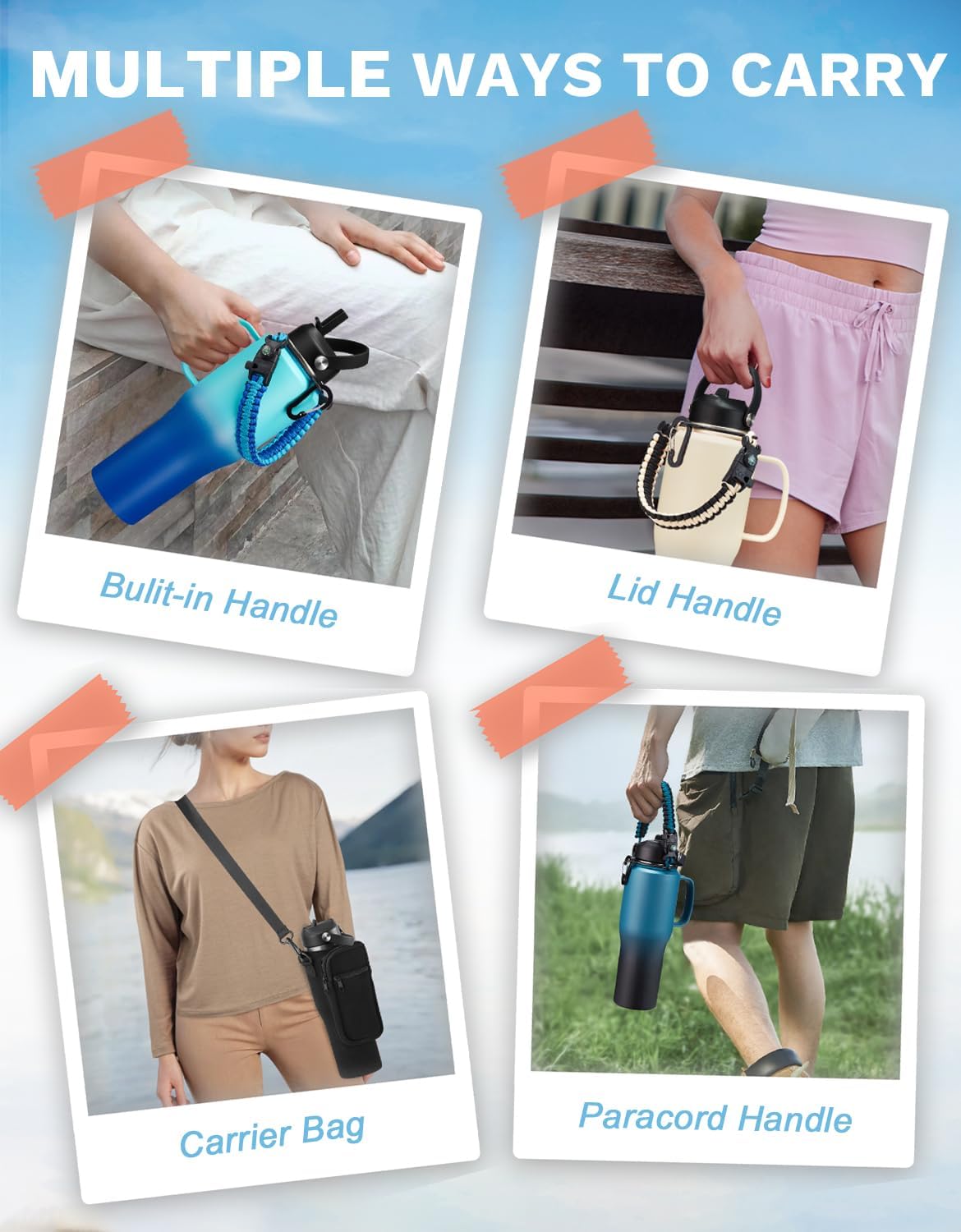 32 OZ Insulated Water Bottle Tumbler - with Straw & Spout Lid, Paracord Handle, Stap Carrying Case, Cold-48H & Hot-24H, Stainless Steel Tumblers with Handle, Slim Water Bottle that Fits in Cup Holder - Image 8