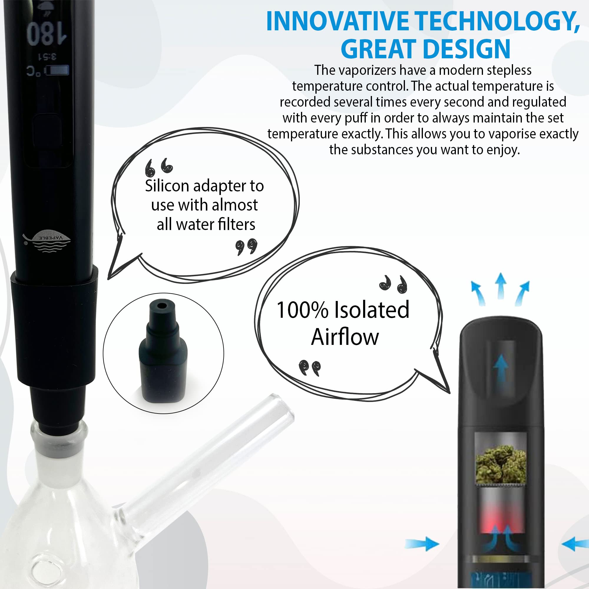 Vaporizer Vapeble moderner Konvektion Verdampfer Glasmundstück, Metallgehäuse wechselbare 3200 mah Batterie, OLED Display stufenloser Temperaturreglung - Verdampft Kräuter, Harze Öle - Kein Nikotin