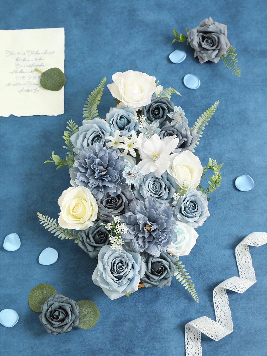 Artificial Flowers Combo Box Set,Dusty Blue Fake Roses Silk Flowers with Stems for DIY Wedding Bridal Bouquets,Floral Arrangement,Table Centerpieces,Baby Shower,Home Decorations - Image 8